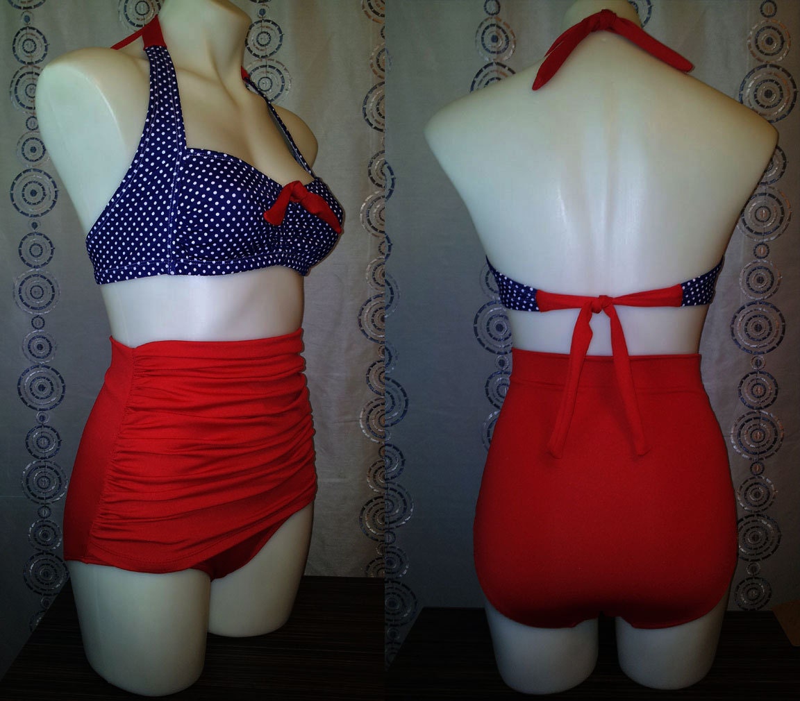 Grace Ruched front High Waist Bikini in Small Navy Dot & Red
