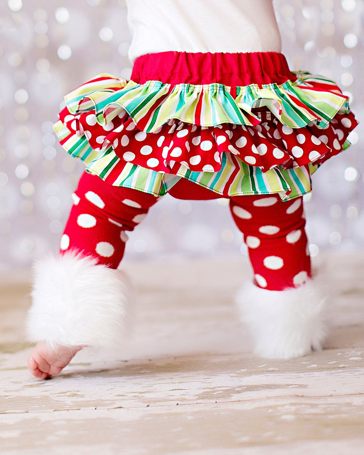 SHORT SLEEVE Christmas white red and green striped and polka dot present onesie ruffle bloomers diaper cover w/matching shabby chiffon