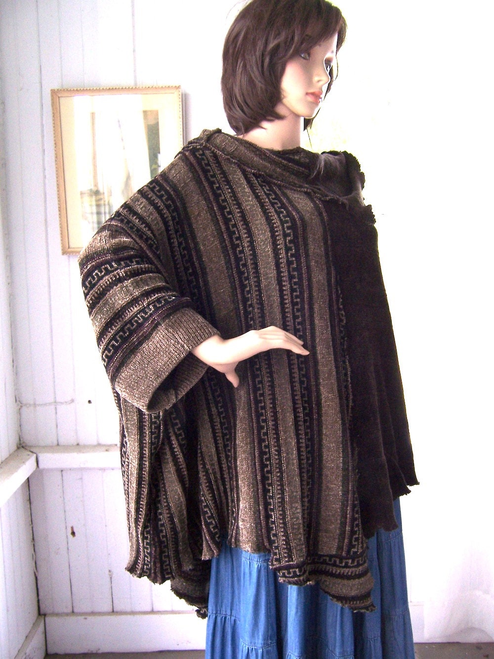 Reserved For Janet Reconstructed Sweater Poncho Large Cowl Neck Earth Tones Soft Knit Chenille One Size