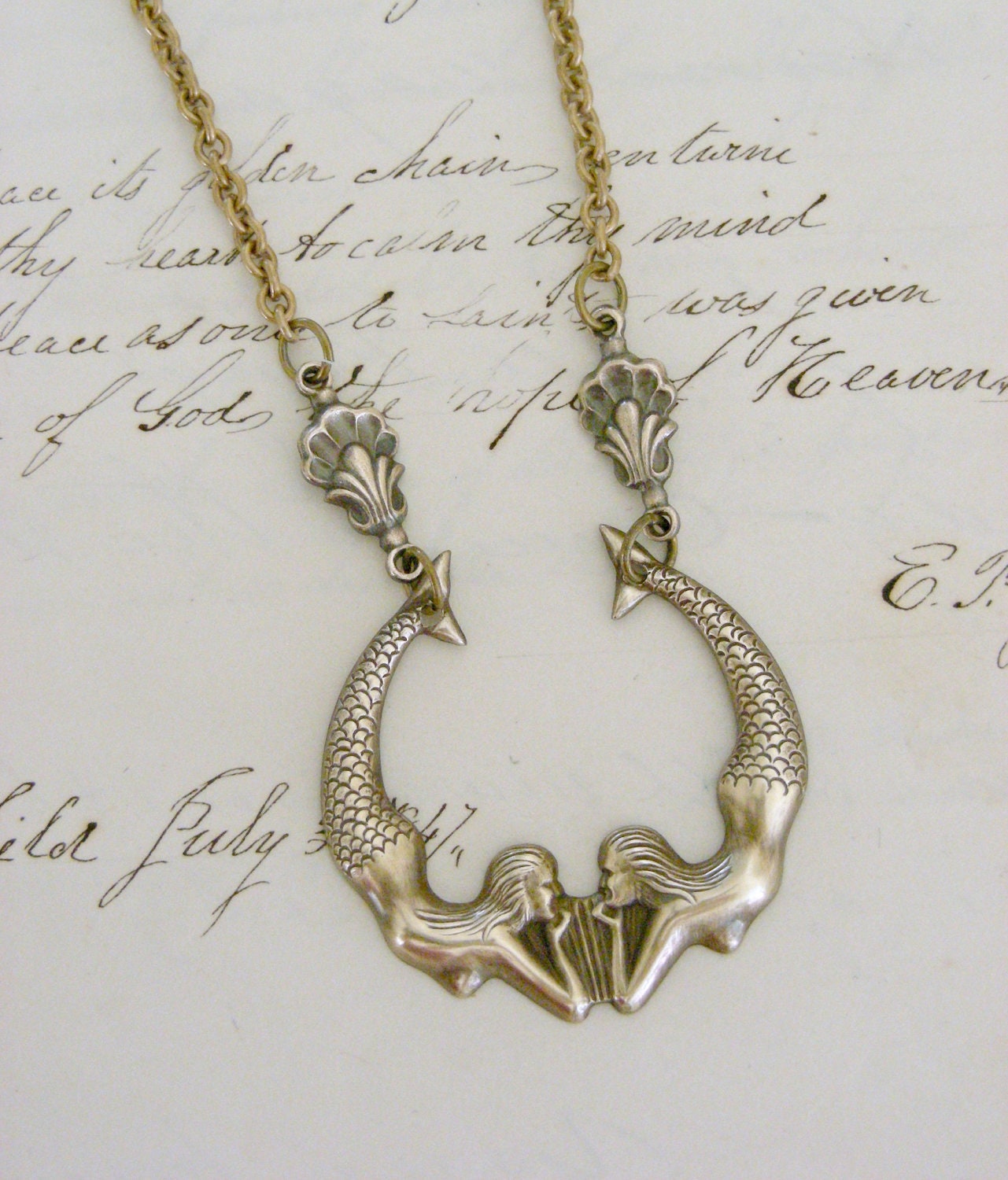 Mermaid Necklace - Twin Mermaids Vintage Retro Brass Necklace - Handmade