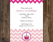 Cupcake First Birthday Party Invitation  /  digital printable file  /  Uprint  /  DIY  /  print your own / pink chevron