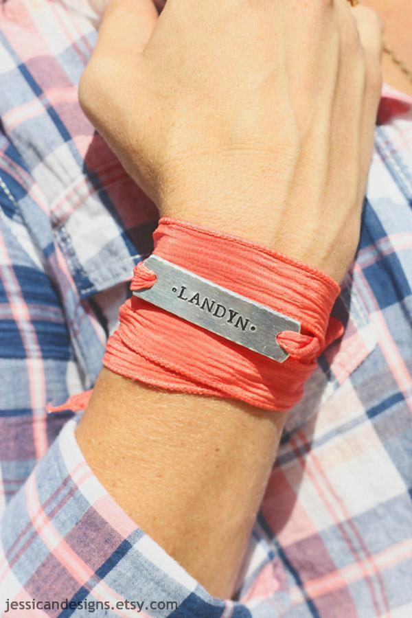 DESIGN YOUR OWN- Hand Stamped 100% Silk Wrap Bracelet - Add Names, Date or Phrase of your choice