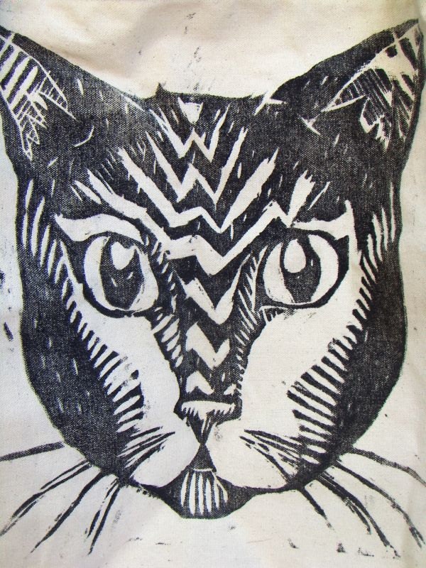 Handmade Cat Tote with Vegan Leather Strap. Woodblock Printed. Made to Order.