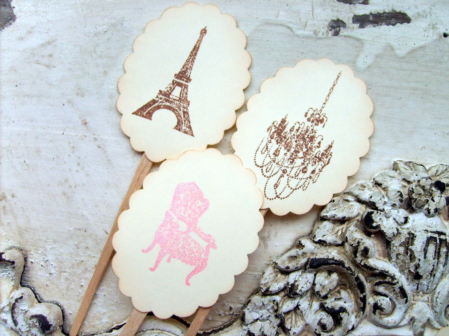 Paris Theme Cupcake Toppers, Cake Toppers, Cupcake Decorations, Food Picks, Set of 12, Eiffel Tower, Chandelier, Louis XIV chair