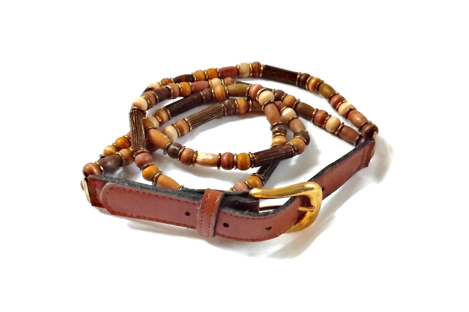 vintage 80s wood multi strand wooden beaded Belt Wearable Art deco