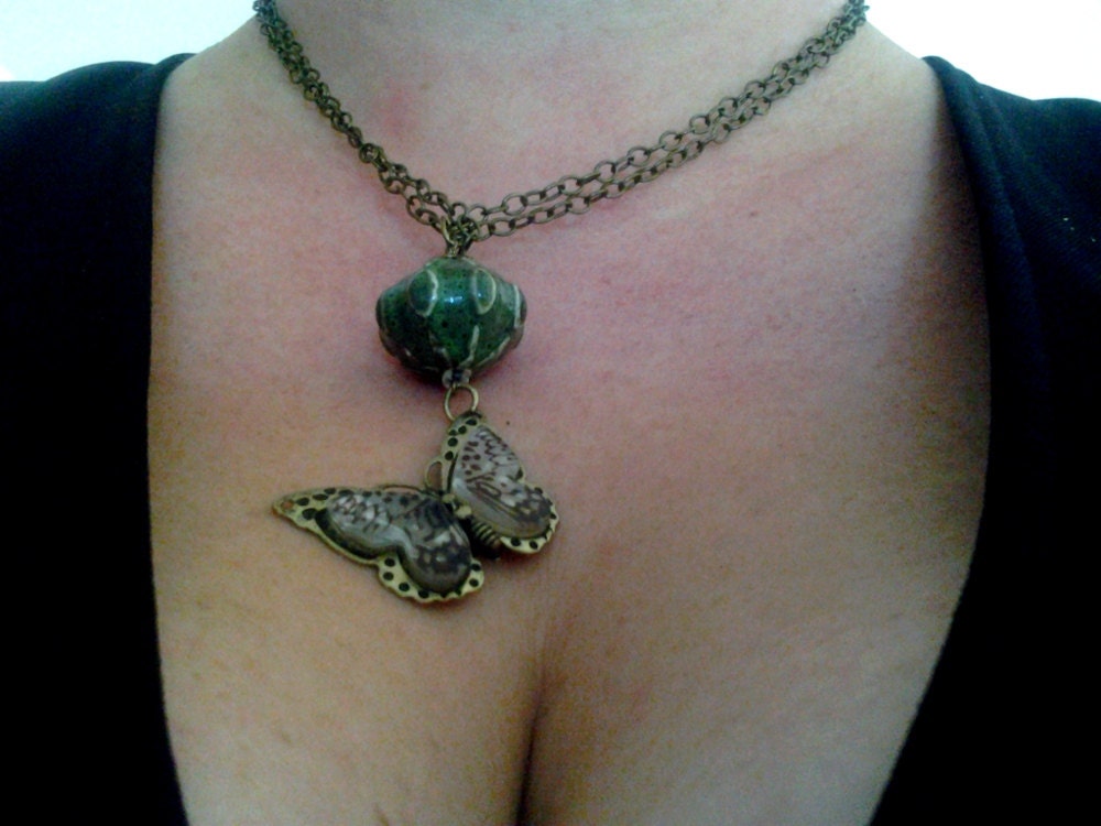 The Moon is Made of Green Cheese, steampunk butterfly necklace