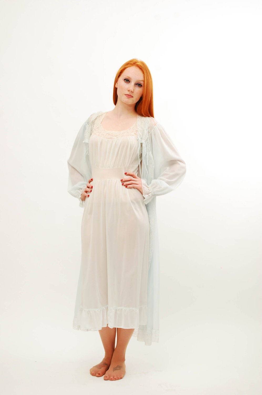 Vintage 1960s Lingerie - 60s Peignoir Set - Pale Ice Blue