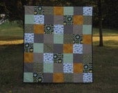 Handmade Modern Americanna Patchwork Lap Quilt, "Wedding Ring Surprise" Sofa Throw, Dorm Quilt, Blue, Aqua, Orange, Photo Prop, Picnics