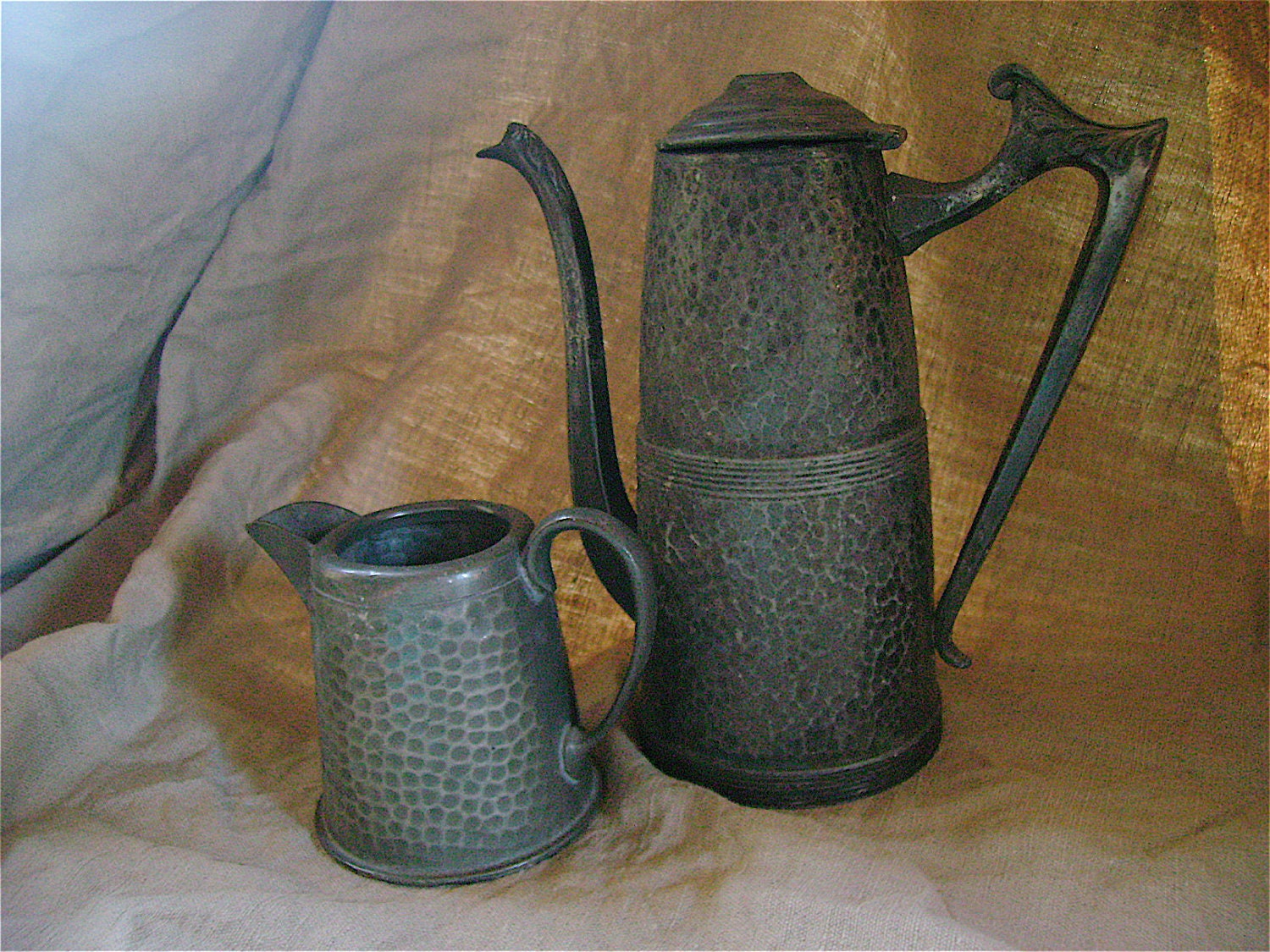 SaLe - Antique hammered silver, pewter coffe pot and creamer