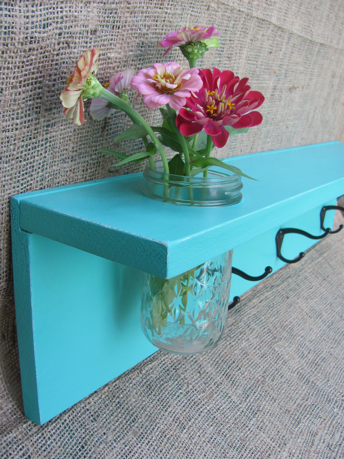 Aqua Wood Wall Shelf With Coat Hooks and Mason Jar Vase
