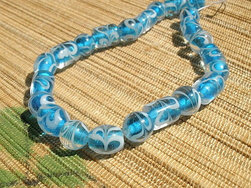Clear aqua blue white swirl lampwork glass beads tube oval mix shape