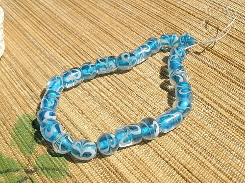 Clear aqua blue white swirl lampwork glass beads tube oval mix shape