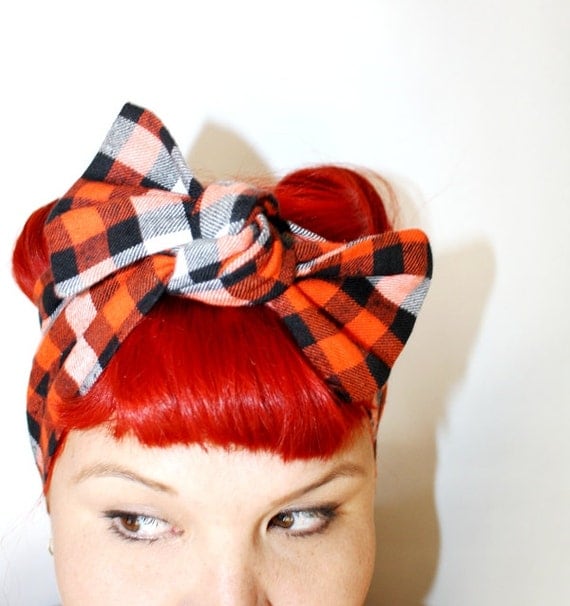 Bow style, Vintage Inspired Head Scarf, Orange and Navy Checkered Flannel, Fall Collection