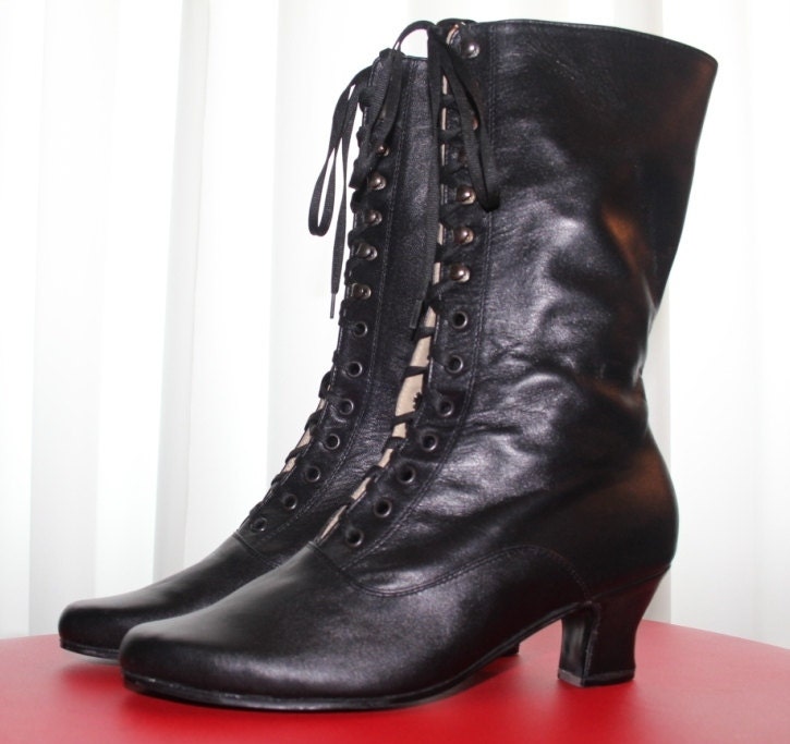Black Leather Granny Boots 106