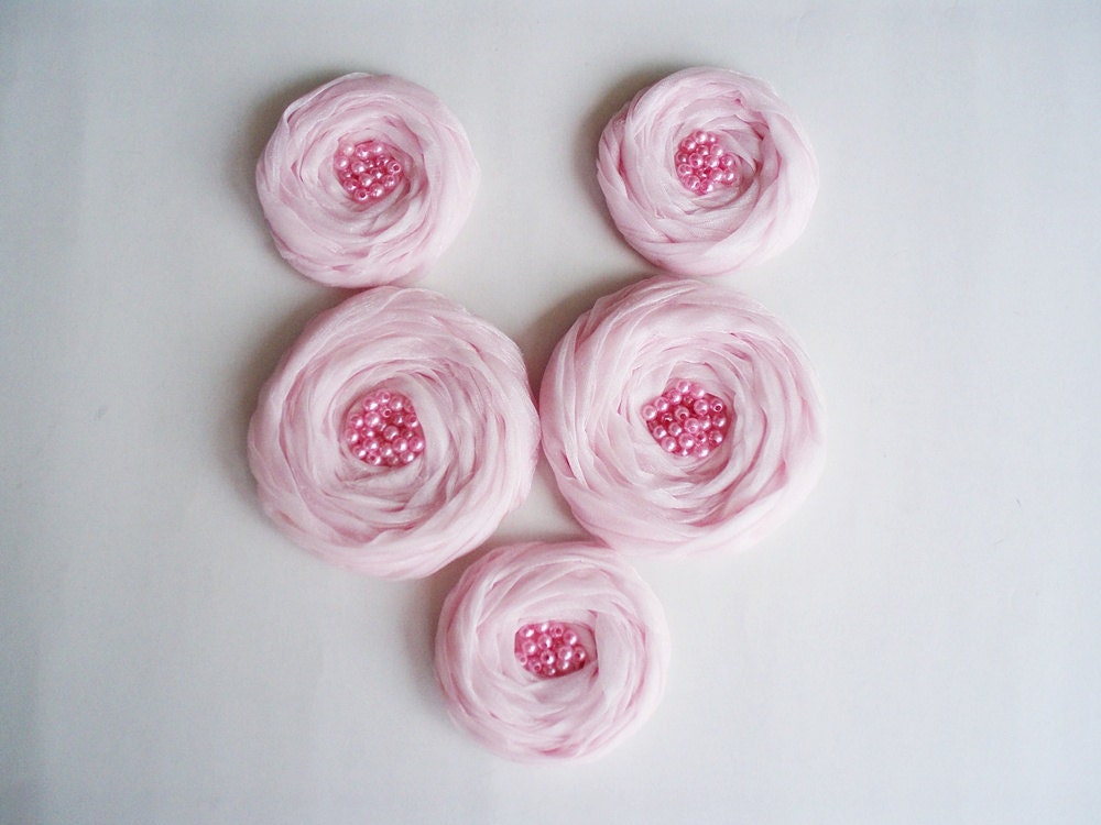 Pink Chiffon Roses Handmade Appliques Embellishments(5 pcs)