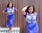 90s Grunge Maxi Dress 1990s Tribal Plus Size Cobalt Blue Chiffon Pleated Loose Flowy Day Dress 1980s  Empire Waist Grunge Womens Size M L XL