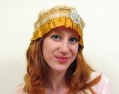 Vintage Boudoir Cap in Ivory Lace and Satin Gold Pale Blue Antique Edwardian