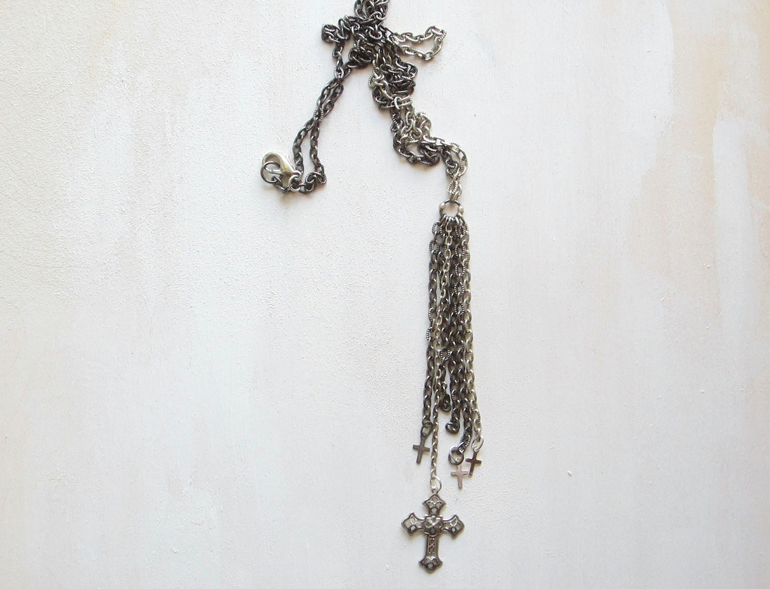 Cross Tassel Chain Necklace Mixed Metal Necklace Edgy Jewelry - Fallen
