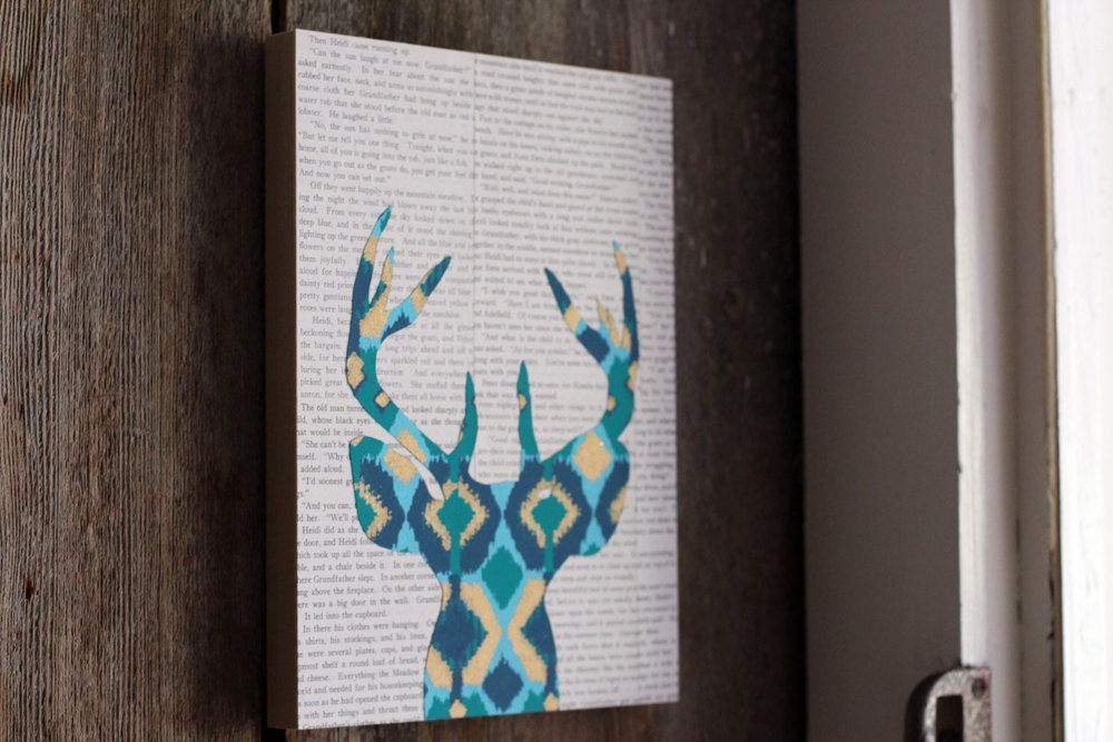 Ikat Deer Head Silhouette in Turquoise, Blue, and Gold, Deer Art, Deer Head With Antlers Over Vintage Book Pages, Woodland Wall Art, 9x12