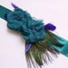 Wedding Sash Belt MALLORY - Two Teal Flowers on Teal Satin with Peacock Feathers