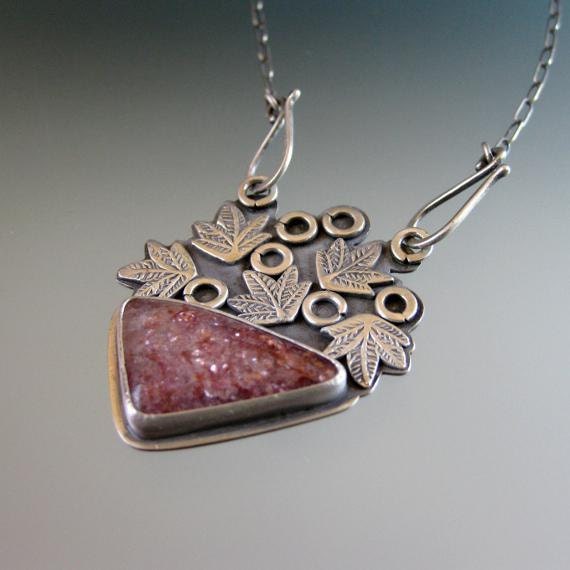Red Quartz Sterling Silver Leaves Pendant Necklace - Ikebana