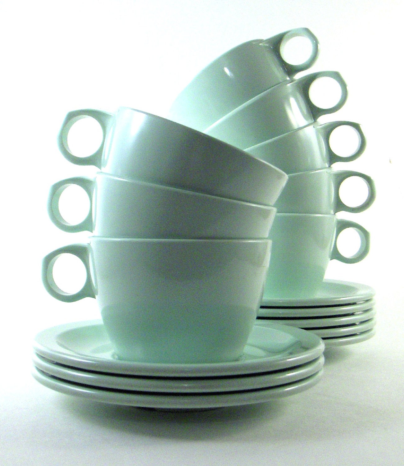 Vintage Texas Ware Mint Green Cups Saucers Melamine Eight Sets