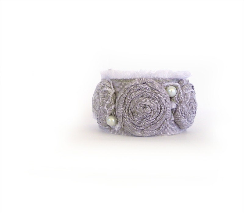 Linen Cuff Bracelet Bangle - Grey Rolled Rosettes - Rustic Romance