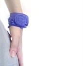 Fabric Cuff Bracelet Bangle - Rolled Rosettes - Rustic Romance - Blue