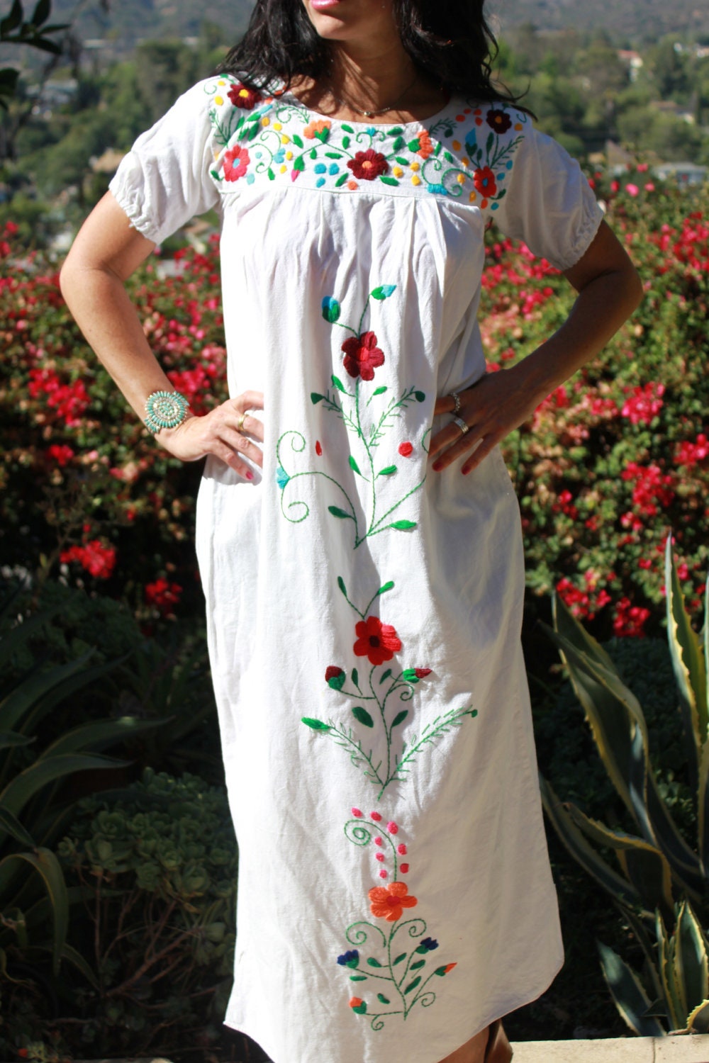 Pretty Mexican Maxi Dress Cotton Hand Embroidered Flowers 60s 70s