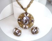 Purple Rhinestone & Leaf Demi Parure - Western Germany Filigree Necklace/Earrings