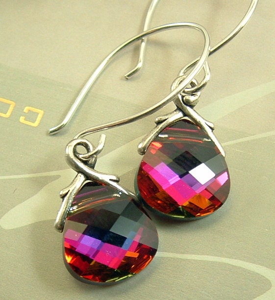 Swarovski Briolette Crystal Earrings in Volcano - On Sterling Silver Earwires - hazaricreations Swarovski Briolette Crystal Earrings in Volcano - On Sterling Silver Earwires - hazaricreations