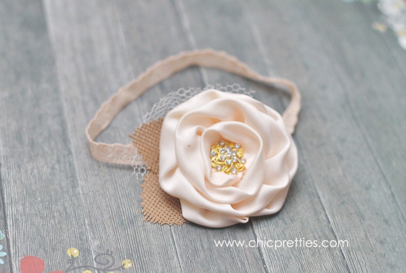 Baby Girl Newborn Photo Prop - New Posh Cream Rosette on Skinny Lace Headband.
