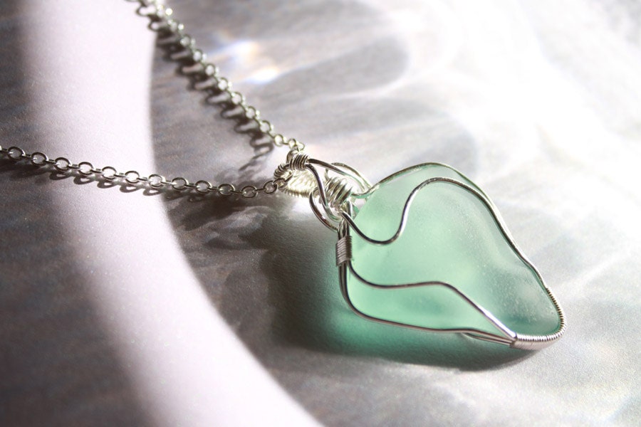 Aqua Green Sea Glass - Silver Wire-Wrapped Pendant