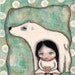 whimsical girl painting folk art Polar bear mixed media original painting 6x6 inch canvas board - I wish I had a Polar Bear