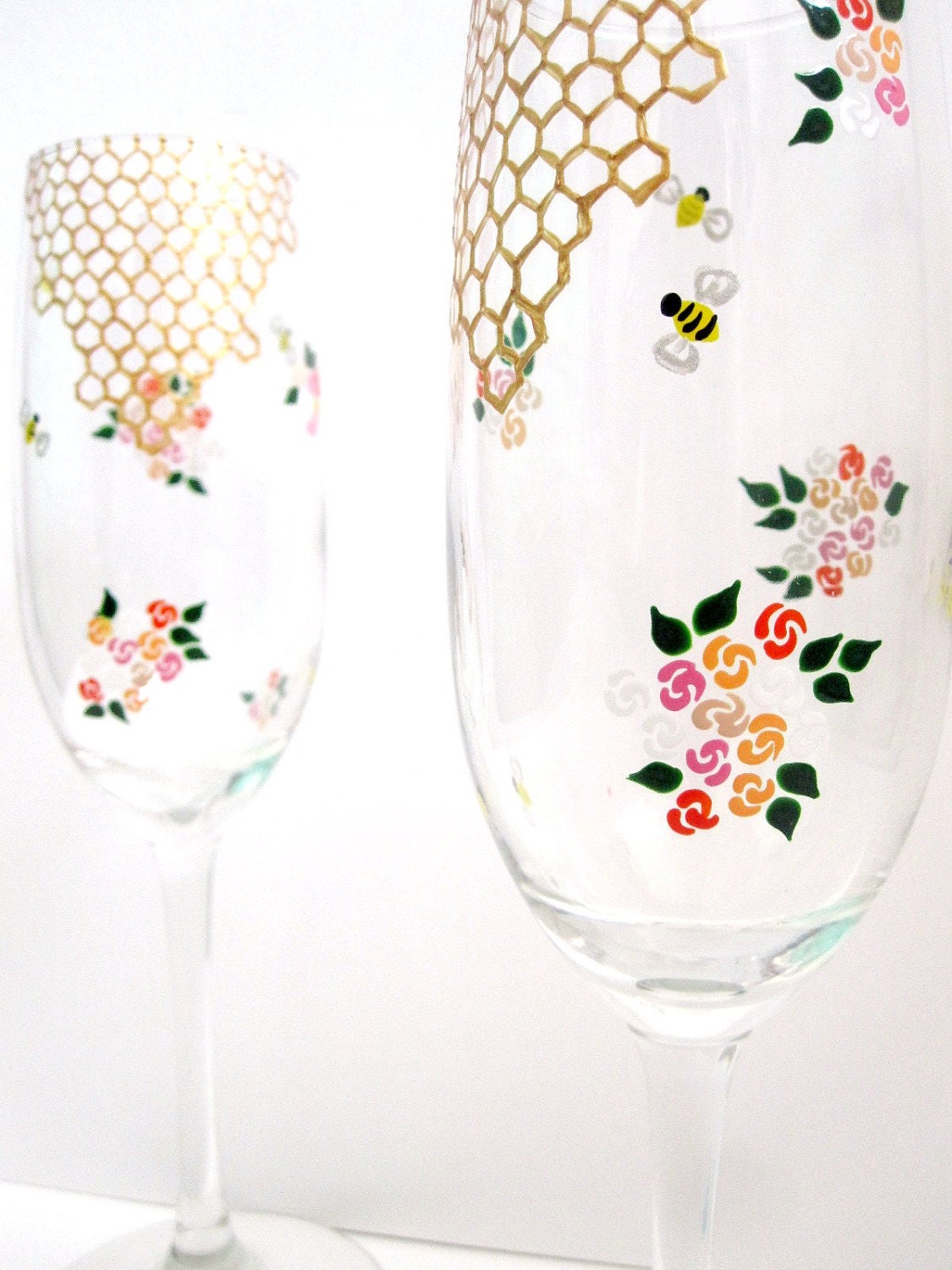 Honey Combs, Bees & Flowers- 2 Champagne Glasses- Hand Painted Flutes