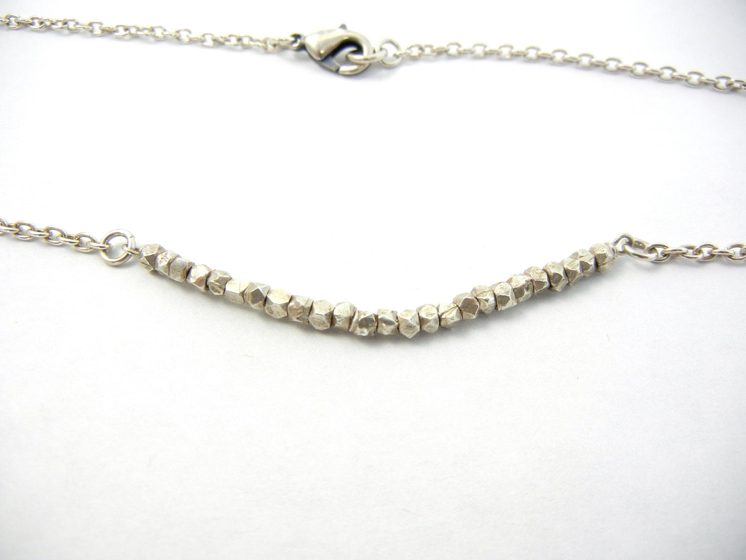 Sterling Silver Beaded Necklace , Single Strand Silver Beads  Necklace