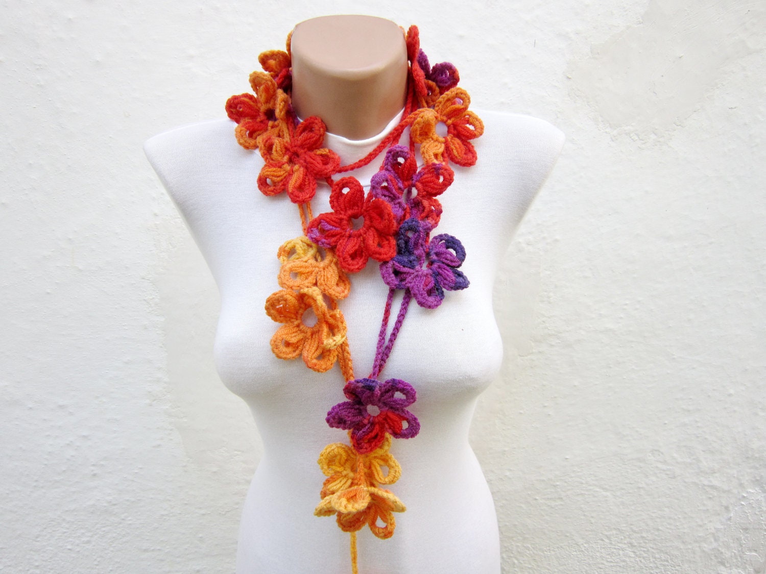 Handmade crochet Lariat Scarf Purple Red Orange Yellow Flower Lariat Scarf Colorful Variegated Long Necklace Winter Fashion