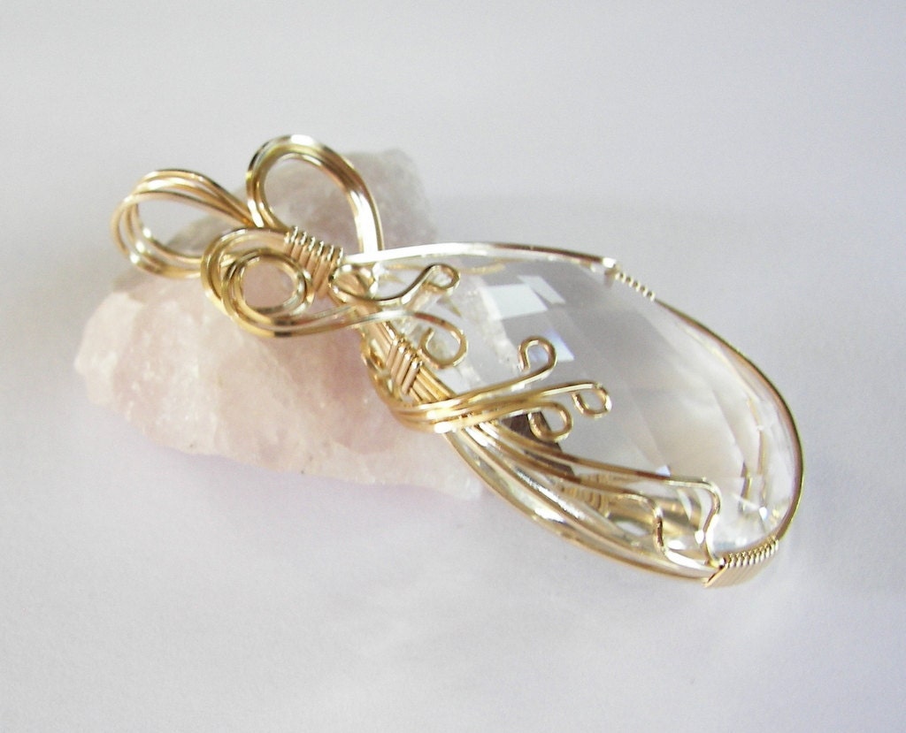 14K Wire Wrapped Faceted Fire and Ice Crystal Pendant