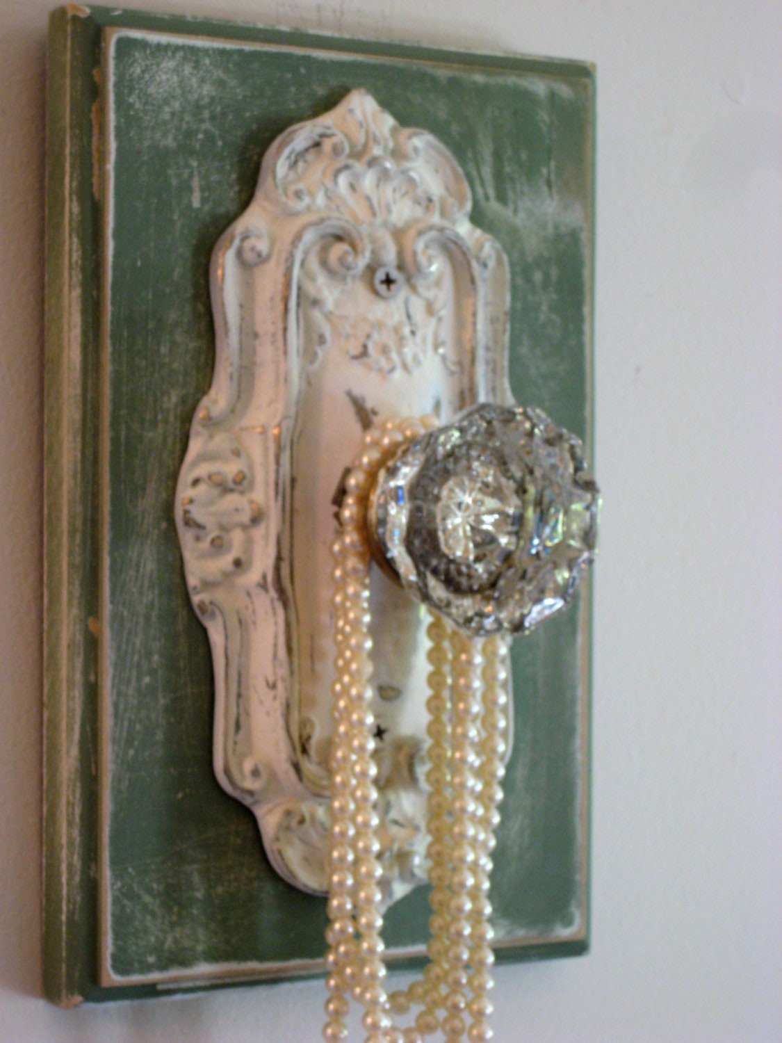 Antique glass door knob with Escutcheon Display rack, Necklace holder, antique white, with distressed green board 6 x 9 x 5 inches