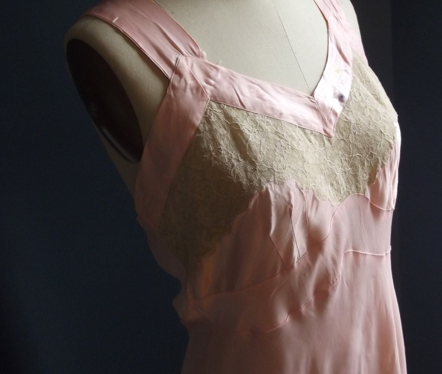 Vintage 1930s Pink Bias-cut Nightgown with Ivory Lace