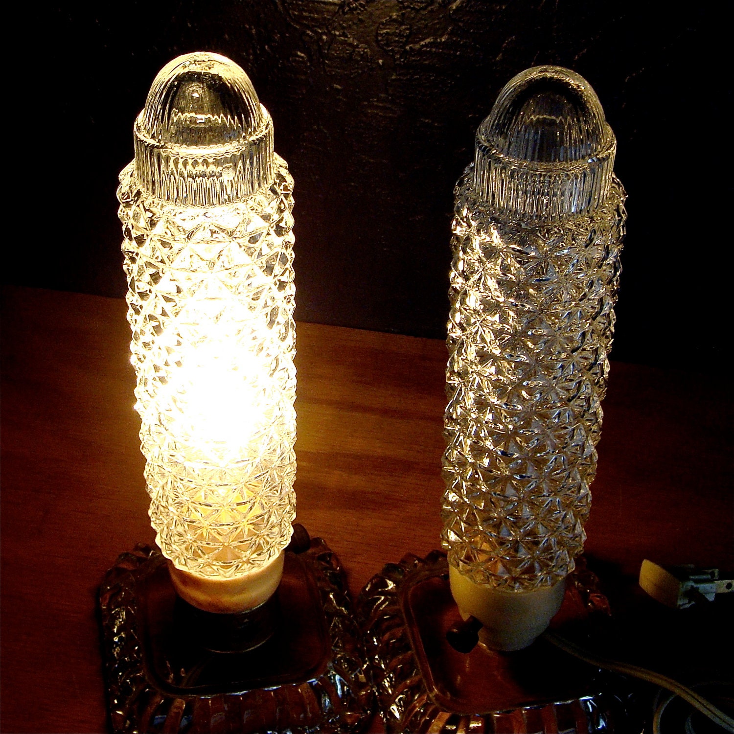 Vintage Pair Art Deco Diamond Cut Pressed Glass Bullet Boudoir Lamps