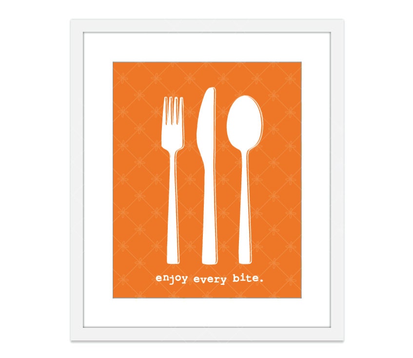 Enjoy Every Bite - Yellow Digital Print - Cutlery - Food - Kitchen Wall Art Print - Fork Knife Spoon - Under 20