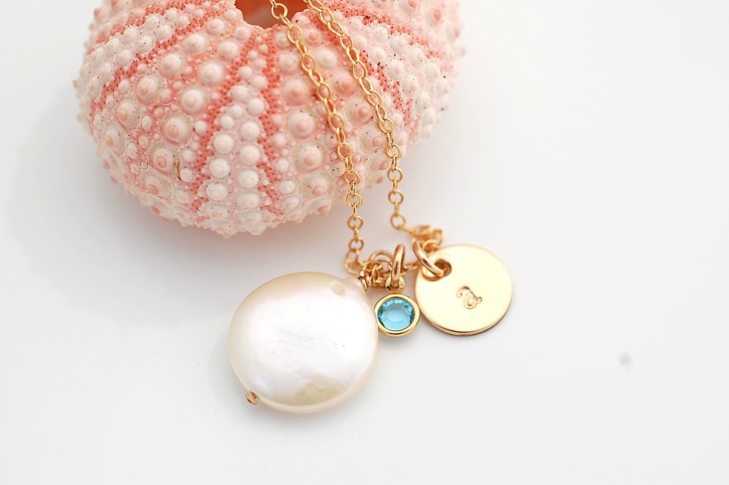 Gold Initial & Coin Pearl Necklace - Personalized - Hand Stamped