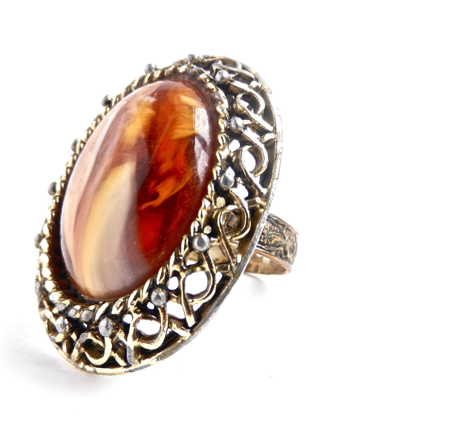 SALE - Vintage Orange Stone Statement Ring - Vintage Adjustable Filigree Gold Tone Costume Jewelry / Gigantic