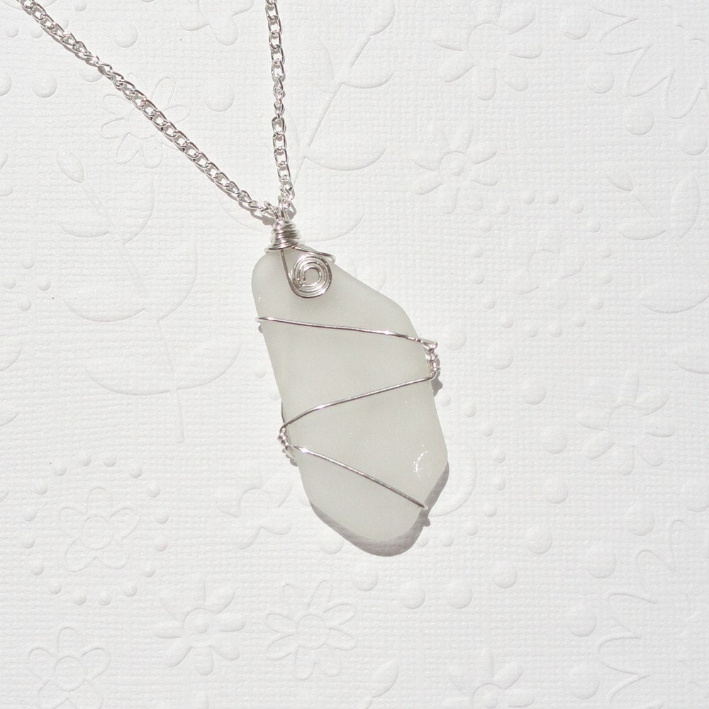 White Sea Glass Necklace Silver Wire Wrapped White Glass Necklace