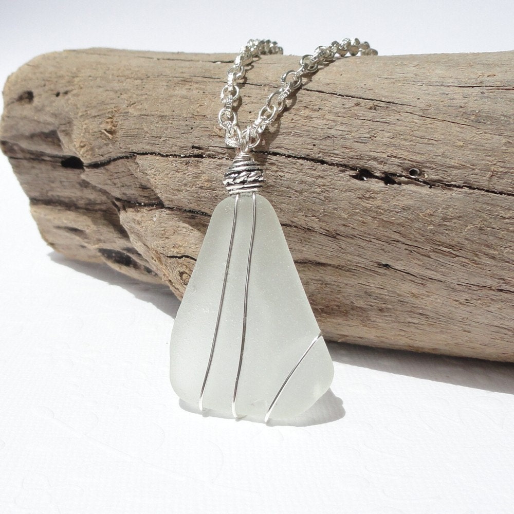White Frosted Sea Glass Wire Wrapped Necklace, White Wire Wrapped Sea Glass Pendant