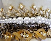 Bridal Bracelet Gold Pearl Rhinestone Vintage Wedding Chunky Flower Gold Multi Strand