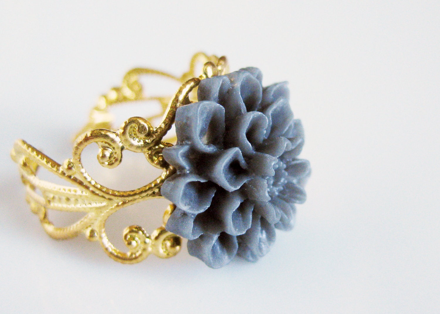 Floral Filigree Ring. Charcoal Grey Dahlia on Gilded Gold plate adjustable Ring. Bridal Party & Wedding Day Jewelry. Slate Gray Moody Dark