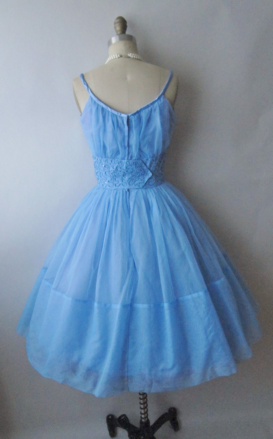 50's Chiffon Dress // Vintage 1950's Blue Chiffon Shelf Bust Prom Wedding Party Dress S