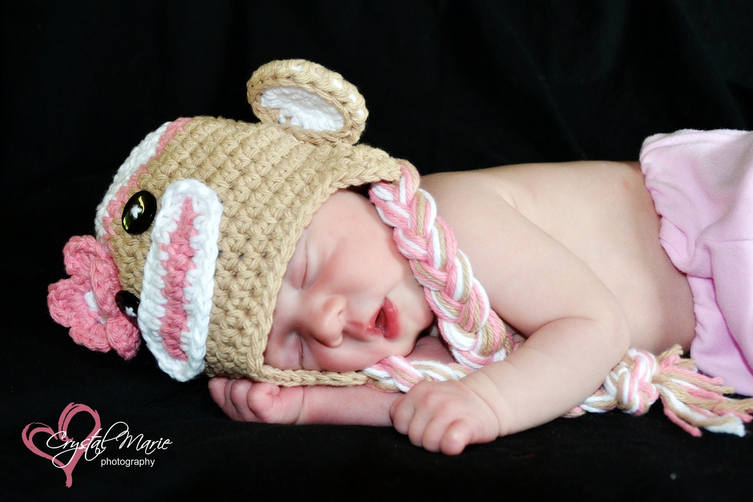 Pink Sock Monkey Winter Hat Crochet Newborn to Toddler sizes Photography Prop